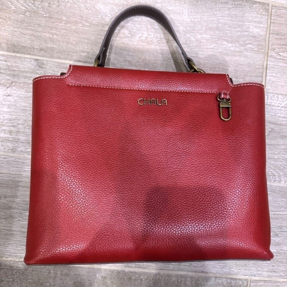 Chala‎ Handbag Red Faux Leather Satchel Top Handle Crossbody Purse Bag